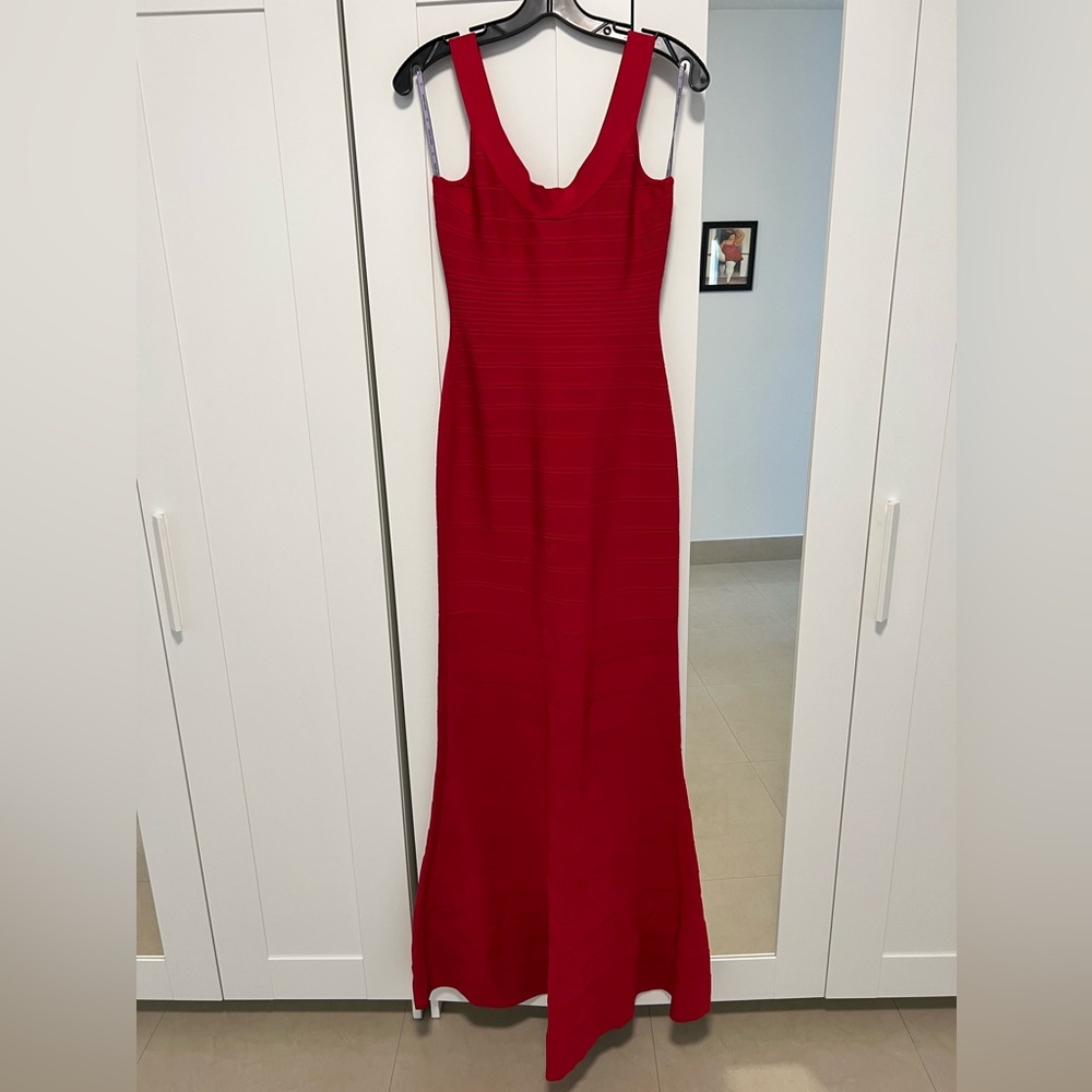 Herve Leger Red Sleeveless Maxi Dress with Sweetheart Neckline for Cocktail